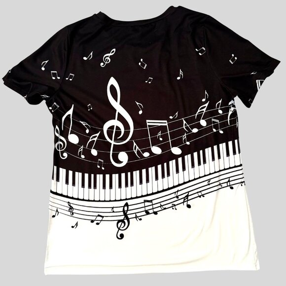 Music Note Piano Keyboard Top Size XL Black White Short Sleeve Stretch Shirt - Picture 7 of 8